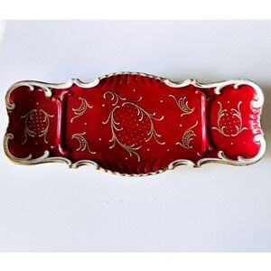 Red & Gold Decorative Tray Vanity Dresser Trinket Dish Hollywood Regency RARE